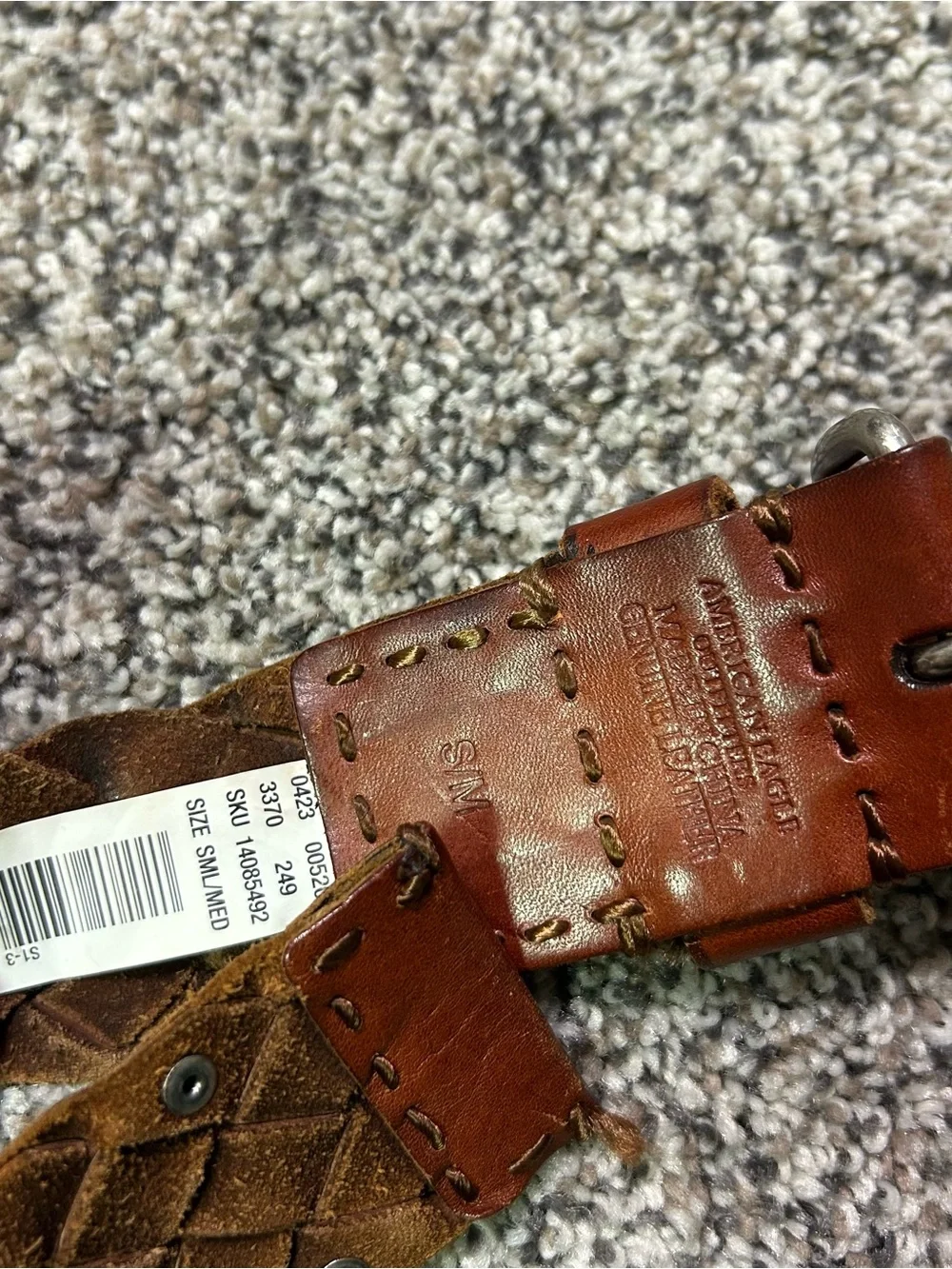 American Eagle Leather Belt Mens Small Med Dark Brown Patina Studded Woven Y2K